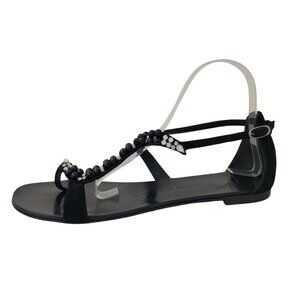 Giuseppe Zanotti Black Leather Strappy Crystal Beaded Flat Sandals Women's Sz 41